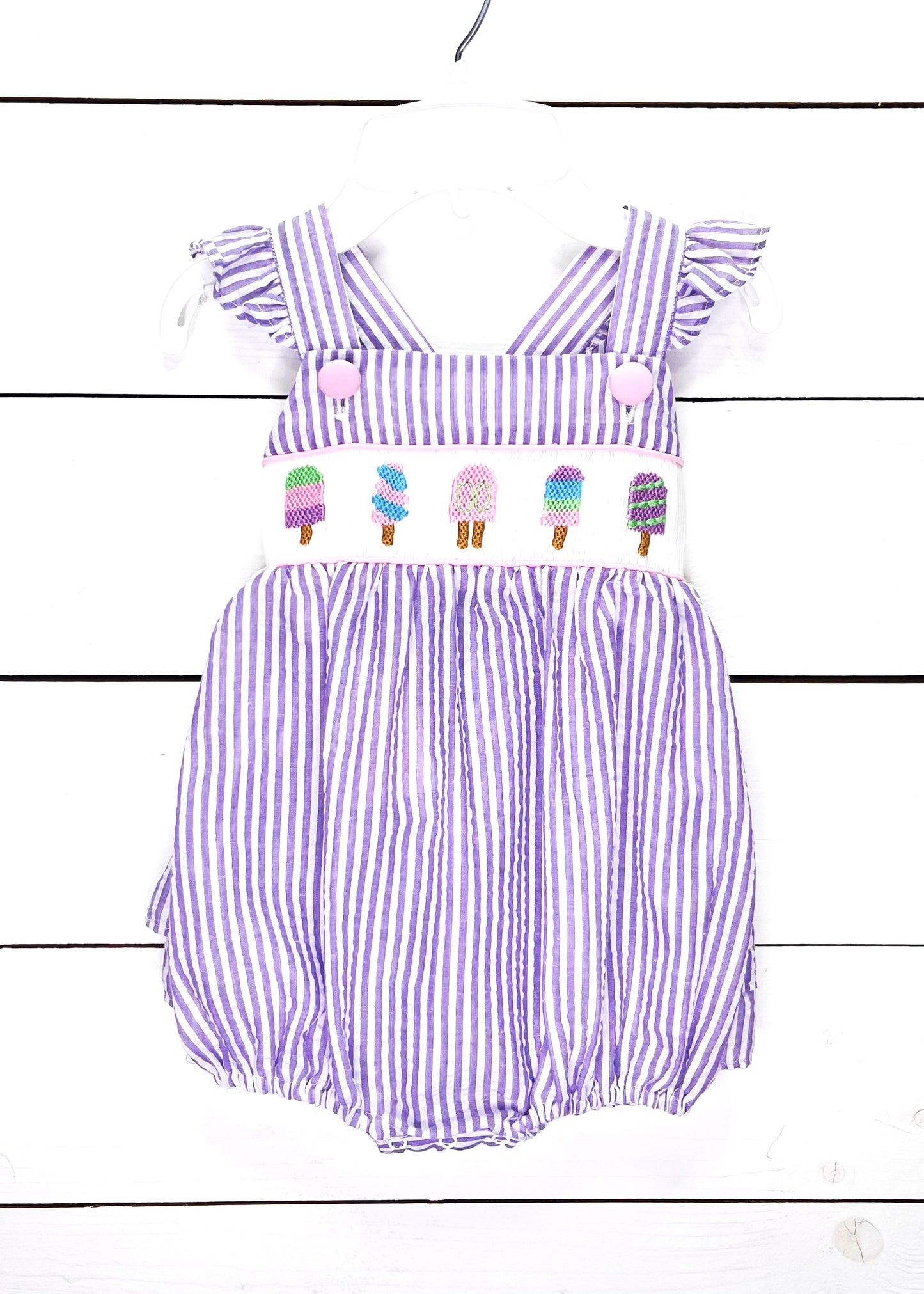 Load image into Gallery viewer, Popsicle Smocked Lavender Seersucker Ruffle Bottom Bubble
