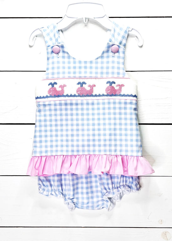 Load image into Gallery viewer, Whale Smocked Knit Blue Gingham Pink Ruffle Bloomer Set
