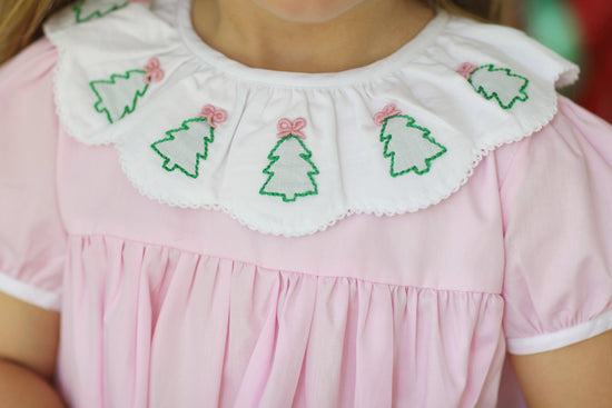Christmas Tree Shadow Embroidered Pink Scalloped Dress