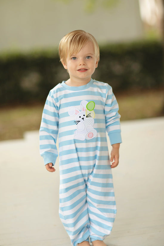 Load image into Gallery viewer, Knit Easter Bunny Applique Blue Stripe Romper
