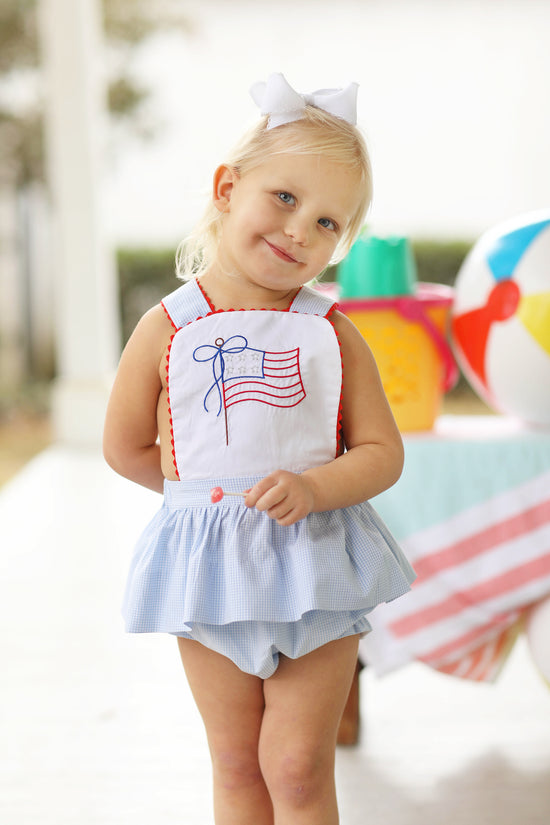 Flag Embroidered Blue Gingham Red Trim Tie Bloomer Set