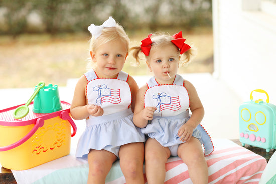 Flag Embroidered Blue Gingham Red Trim Tie Bloomer Set