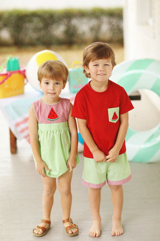 Load image into Gallery viewer, Watermelon Applique Green Gingham Short Set
