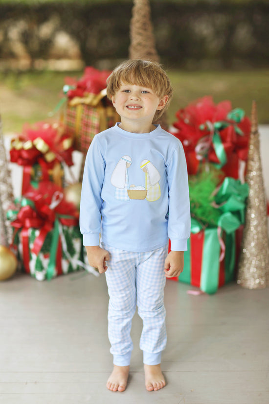 Nativity Applique Knit Blue Gingham Pajama Set