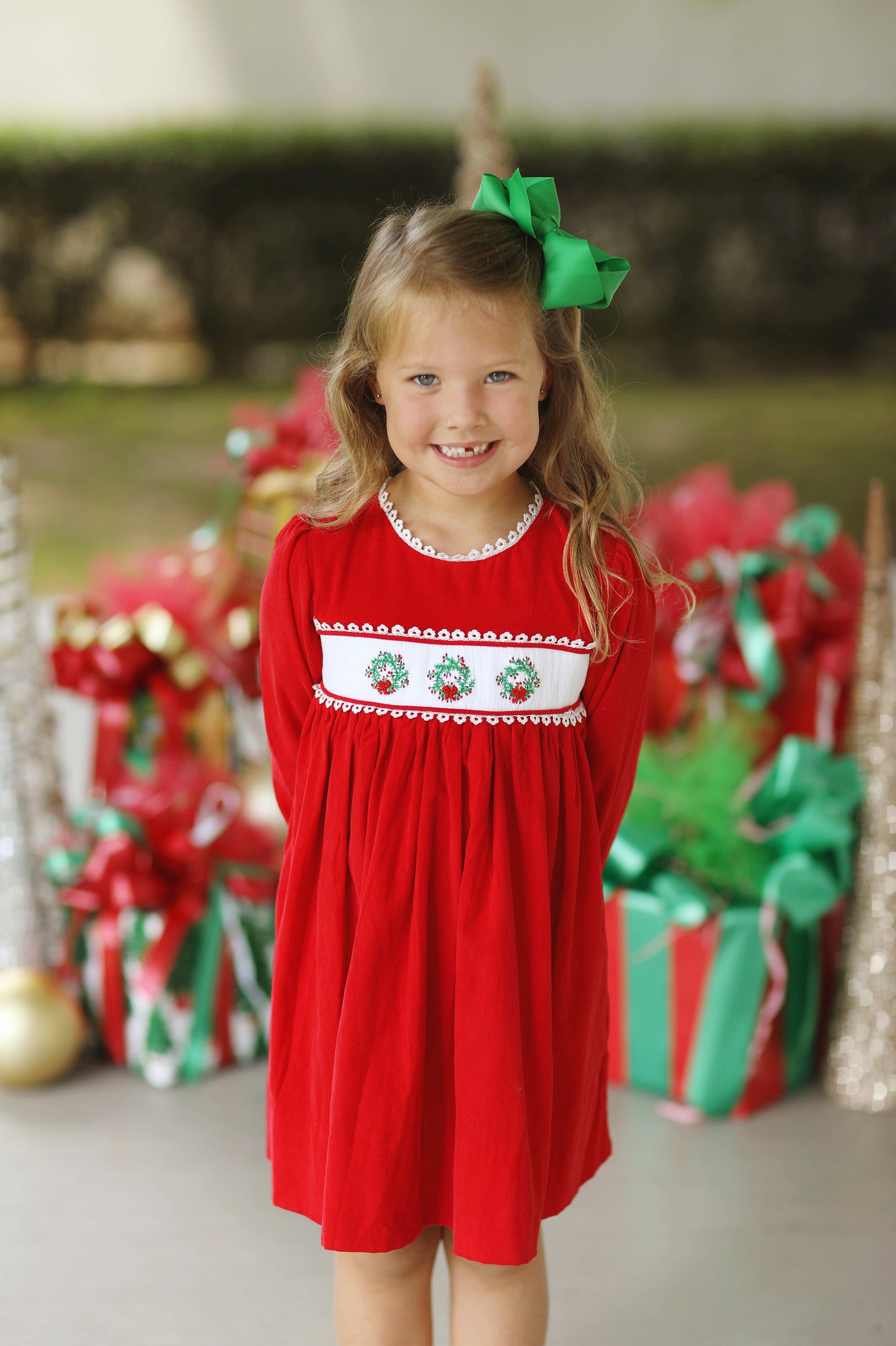 Wreath Embroidered Lace Trim Red Corduroy Dress
