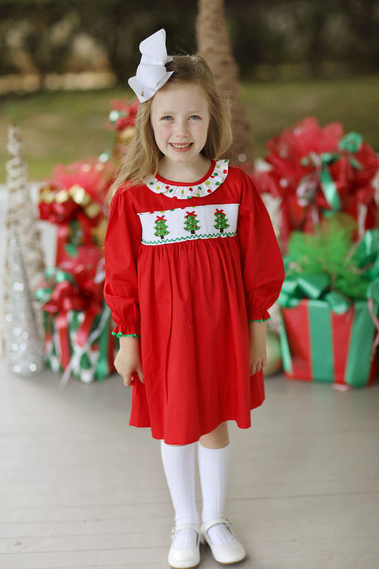 Christmas Tree Smocked Red Polka Dot Ruffle Collar Dress