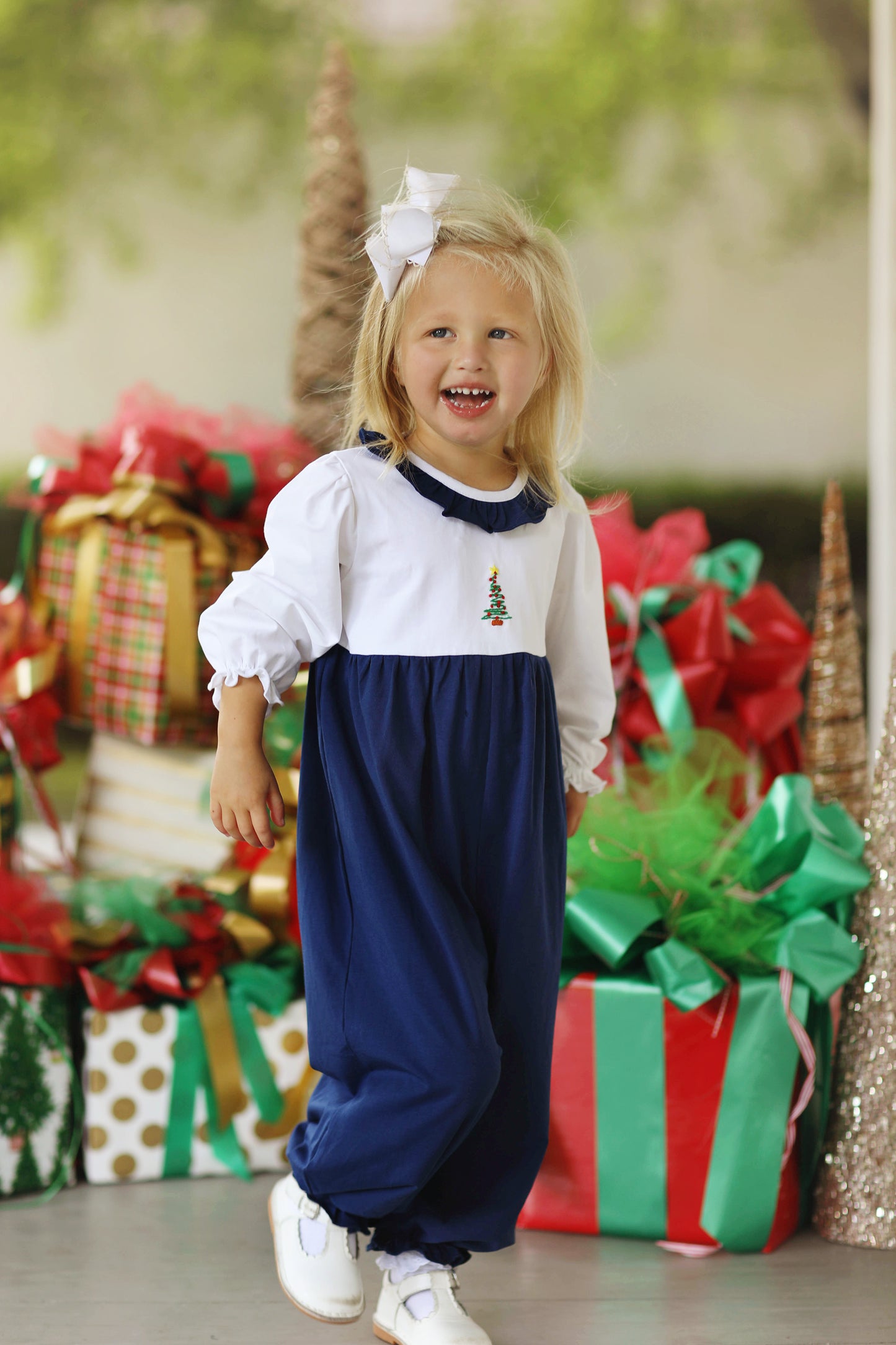 Christmas Tree Embroidered Navy Knit Ruffle Bubble
