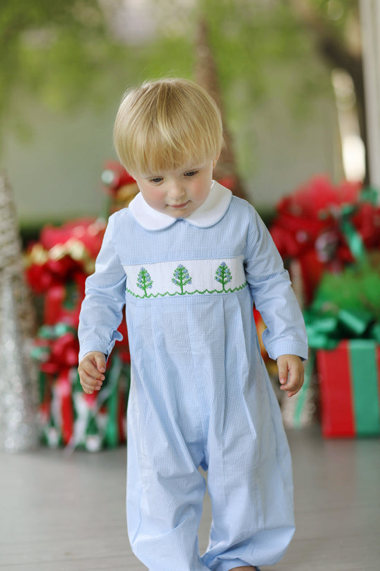 Load image into Gallery viewer, Christmas Tree Smocked Blue Gingham Long Bubble
