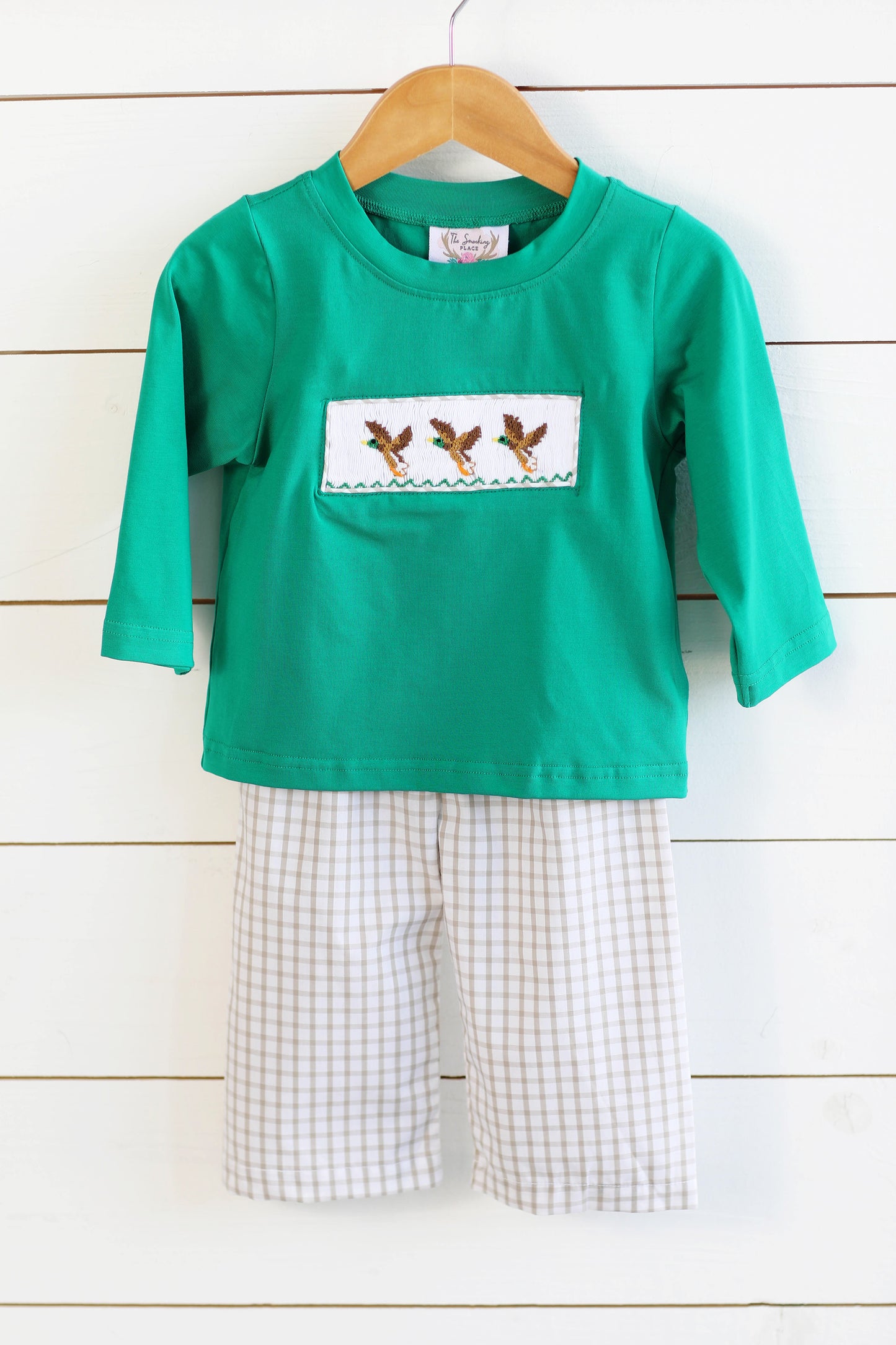 Mallard Duck Smocked Green Shirt Khaki Windowpane Pant Set