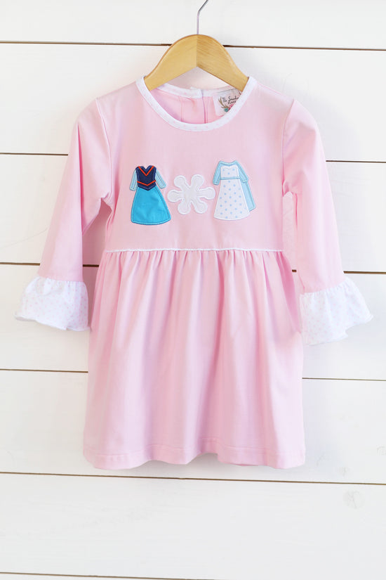 Knit Ice Queen Appliqué Pink Dress with Pink Bitty Dot Ruffles