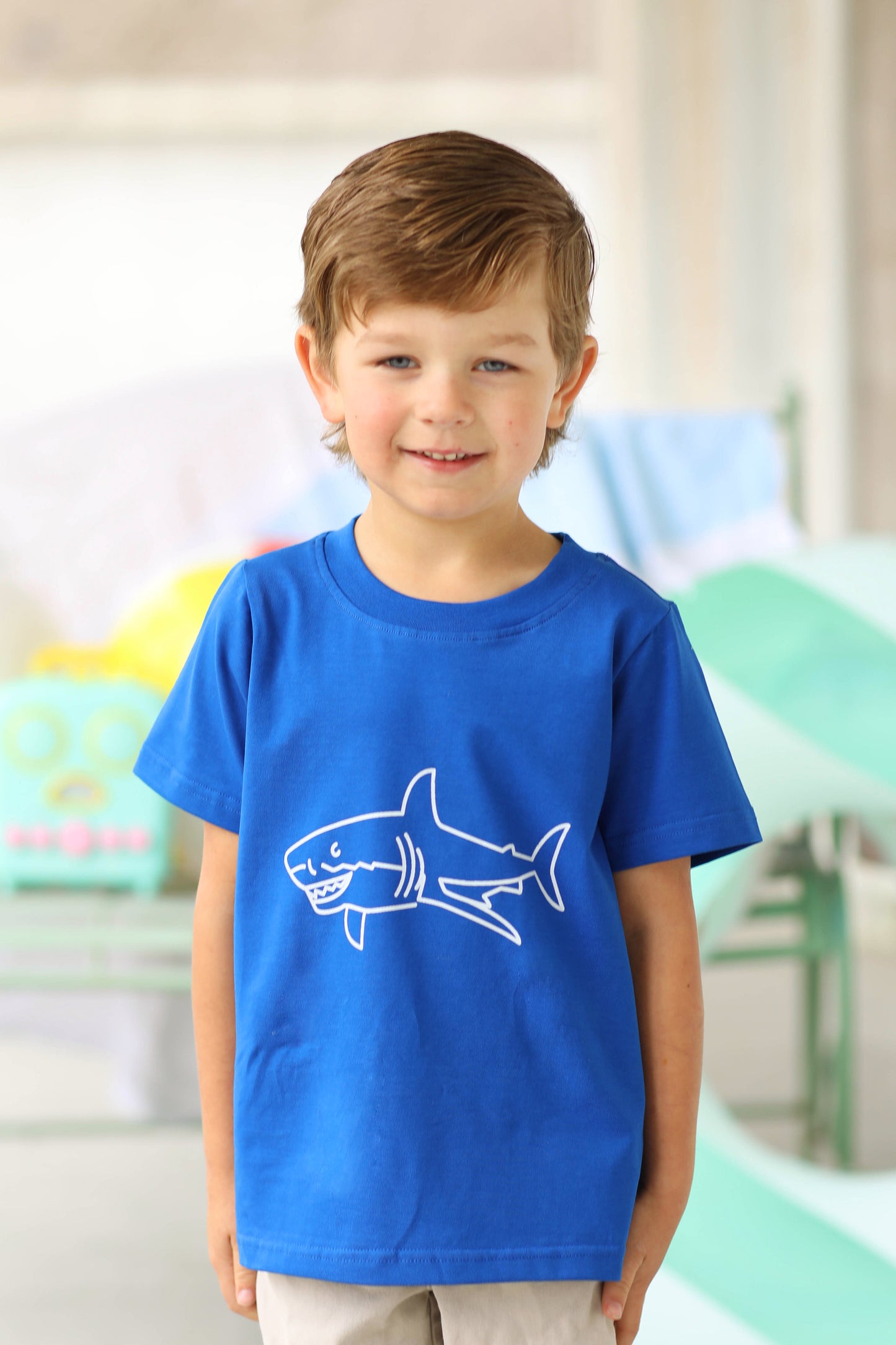 Load image into Gallery viewer, Shark Print Royal Blue Knit Shirt
