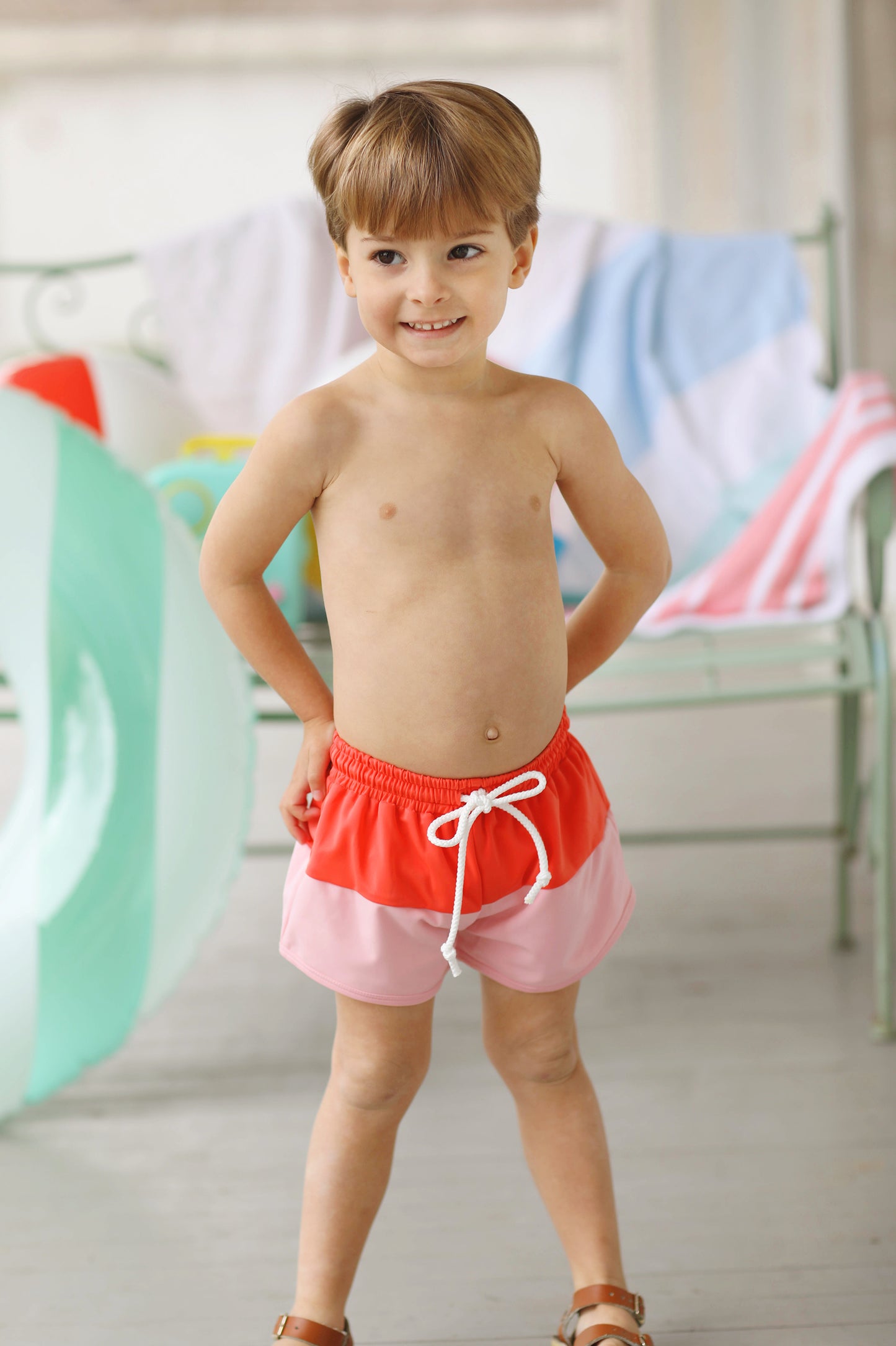 Load image into Gallery viewer, Pink Colorblock Shortie Swim Shorts

