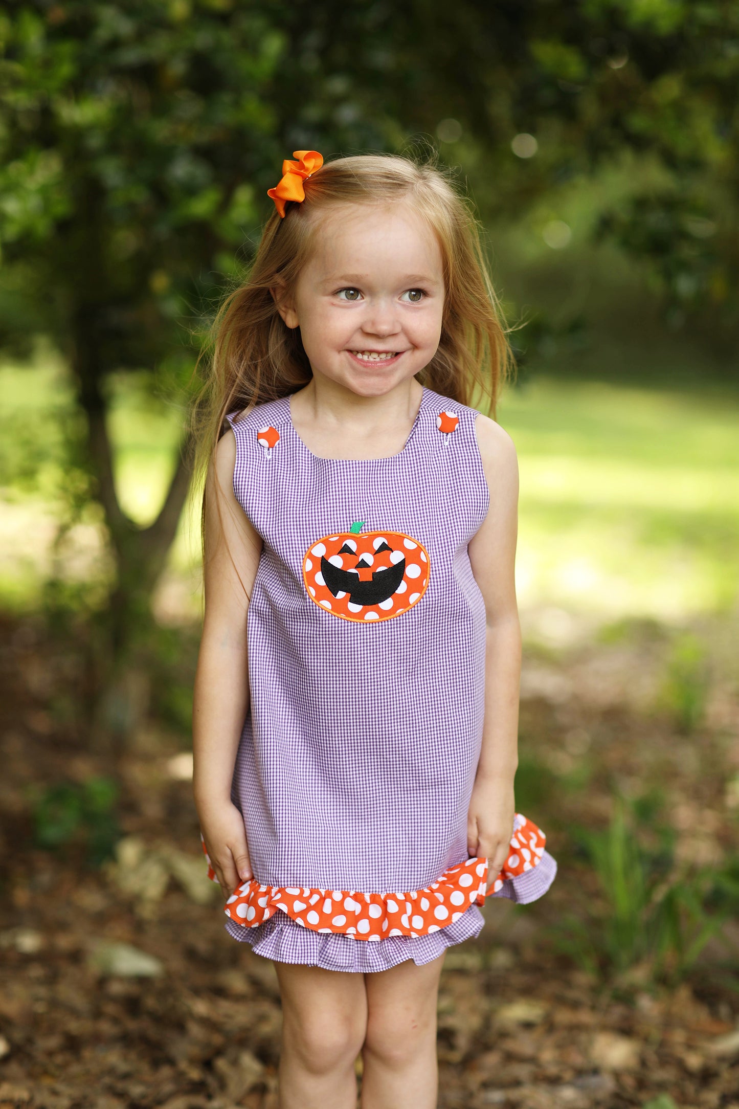 Load image into Gallery viewer, Pumpkin Applique Purple Gingham Orange Dot Trim Dress
