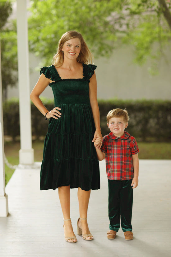 Load image into Gallery viewer, Red Tartan Collared Shirt Green Velvet Pant Set
