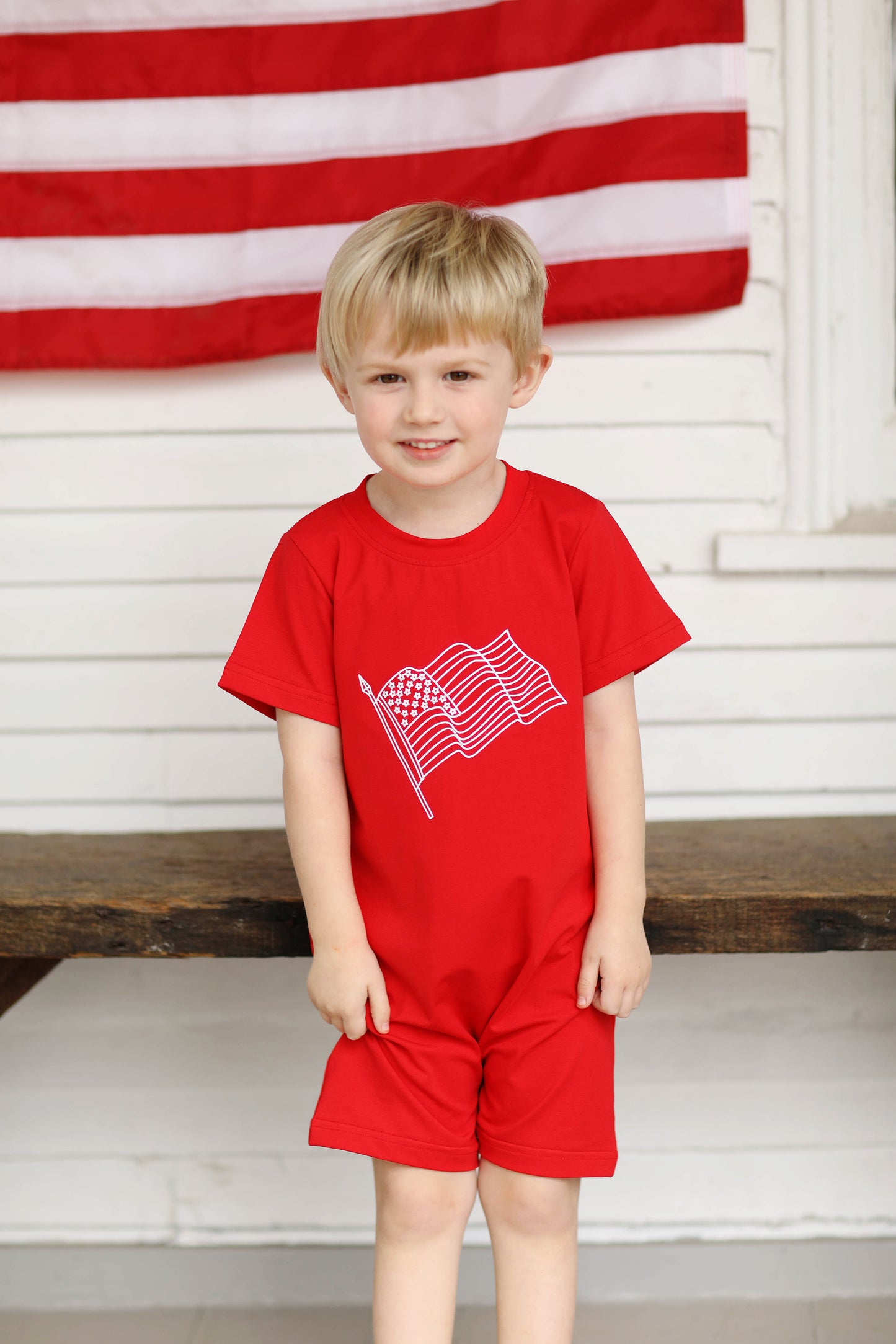 Load image into Gallery viewer, USA Flag Print Red Knit Boy Romper
