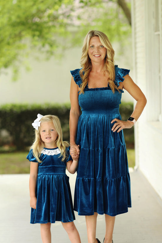 Blue Velvet Smocked Ladies Dress