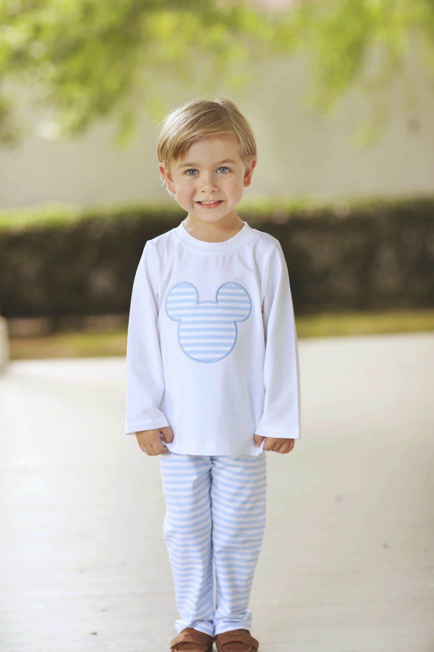 Mouse Applique Blue Stripe Knit Pant Set