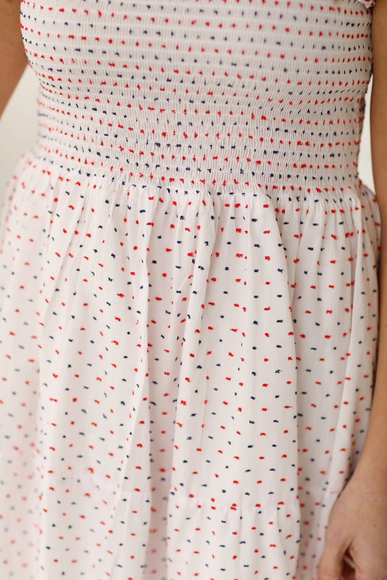 Load image into Gallery viewer, Patriotic Swiss Dot Smocked Ladies Dress
