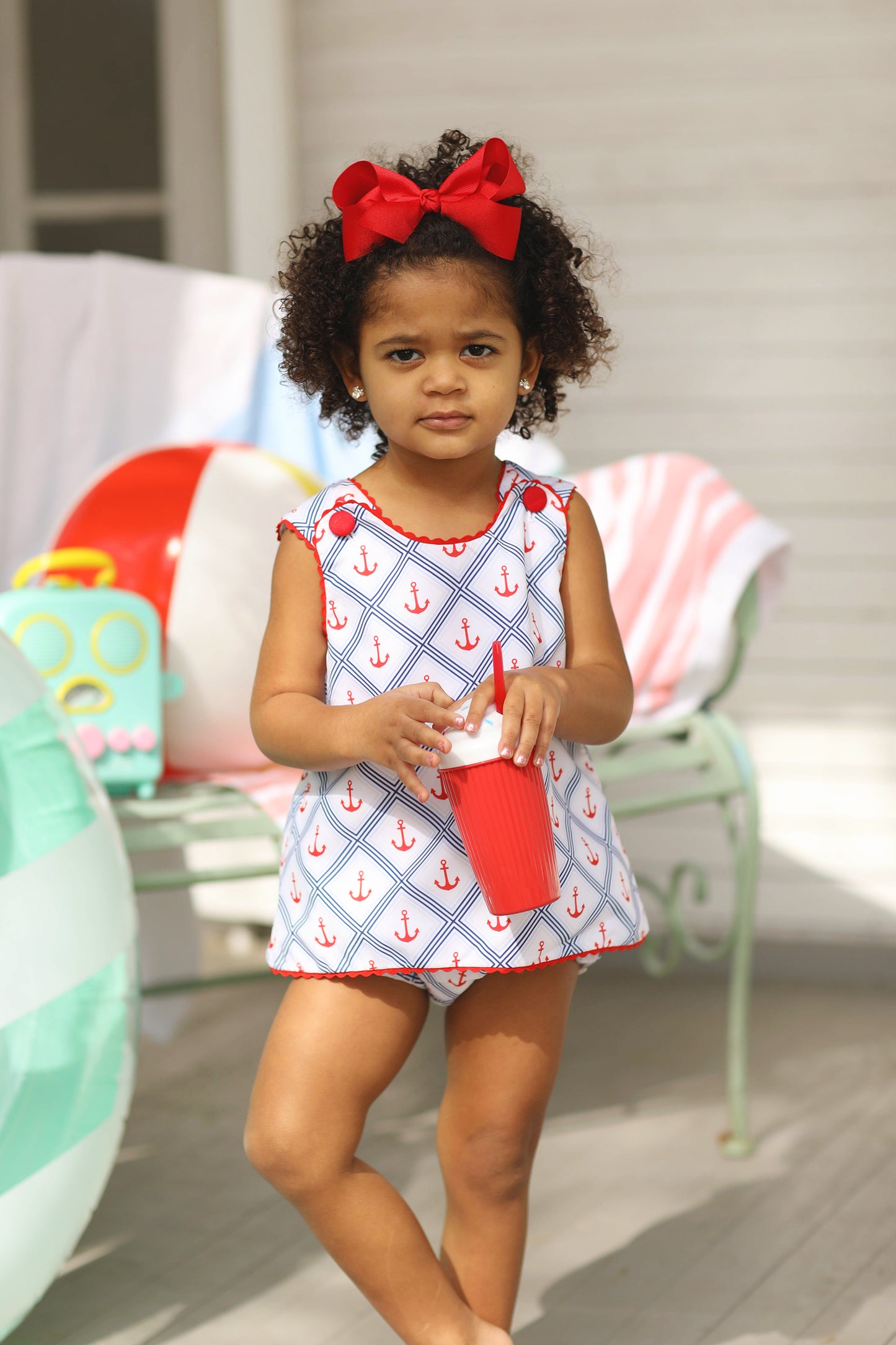 Load image into Gallery viewer, Anchor Print Red Trim Swing Back Bloomer Set
