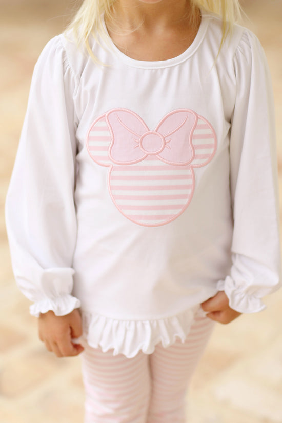 Mouse Applique Pink Stripe Knit Legging Set