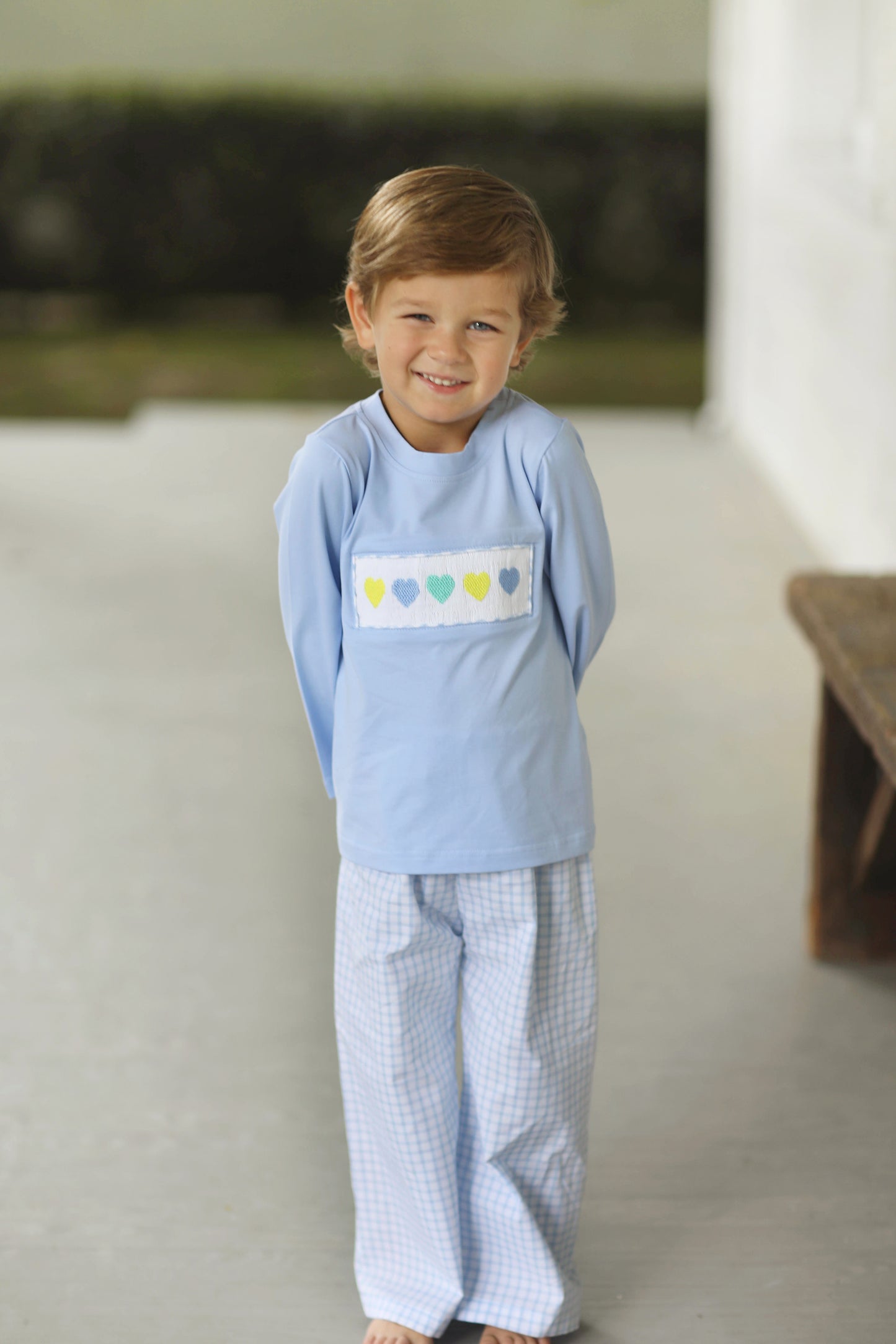 Load image into Gallery viewer, Pastel Heart Smocked Blue Windowpane Pant Set
