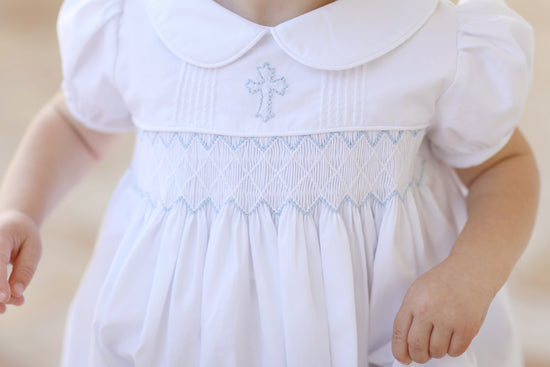 Load image into Gallery viewer, Cross Shadow Embroidered Smocked White Girl Bubble
