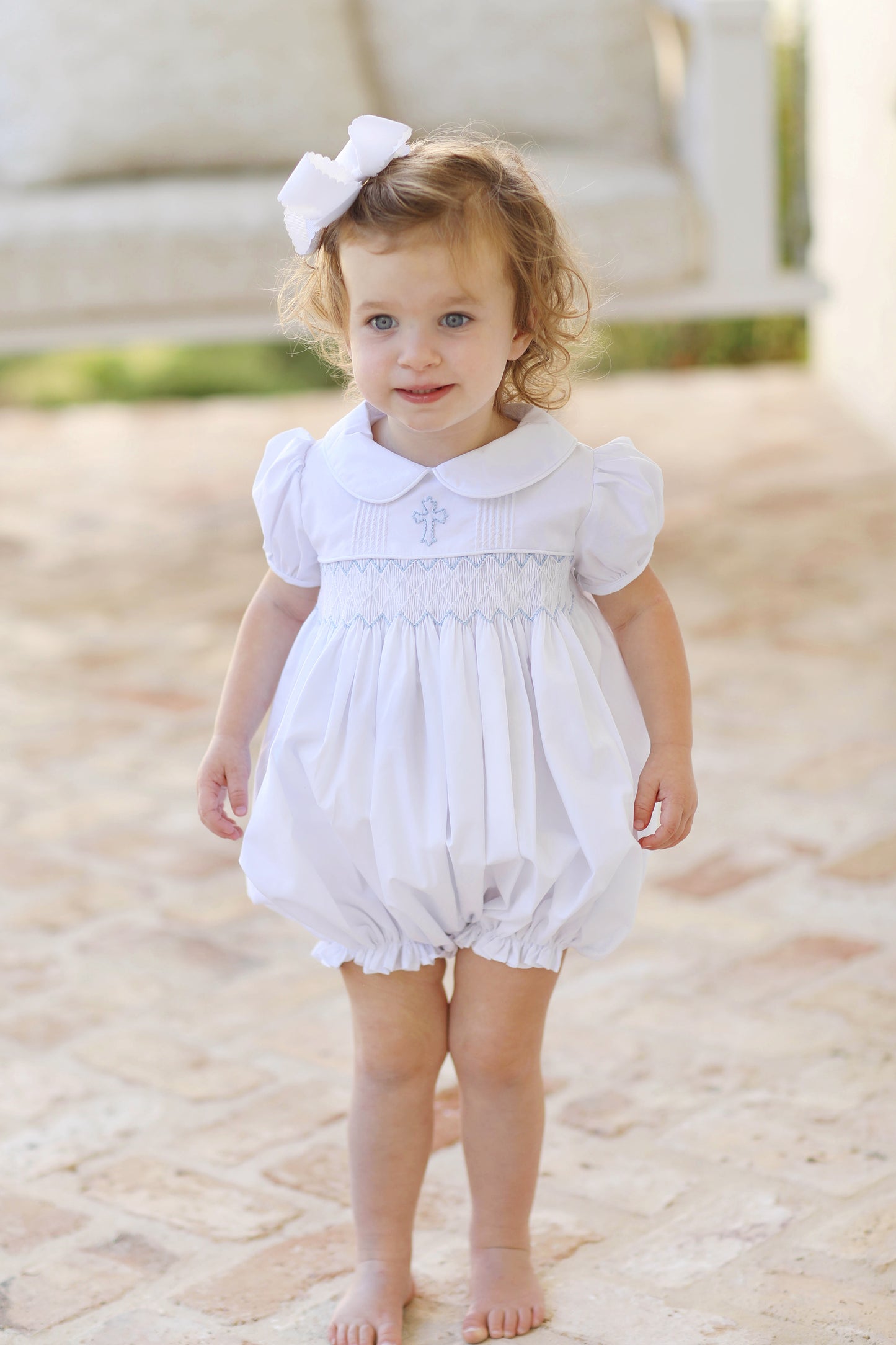 Cross Shadow Embroidered Smocked White Girl Bubble
