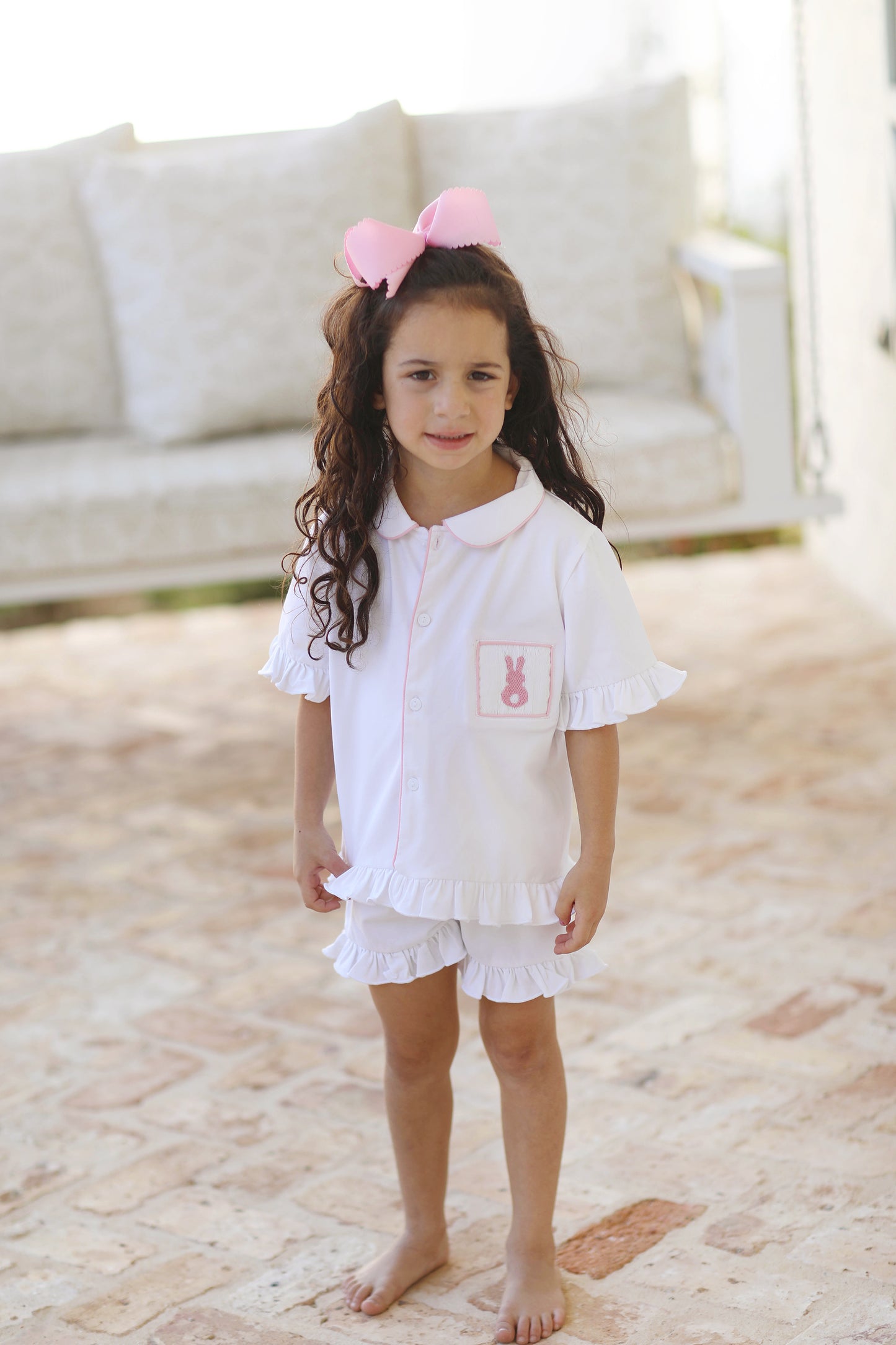 Pink Bunny Smocked White Knit Pajama Ruffle Short Set