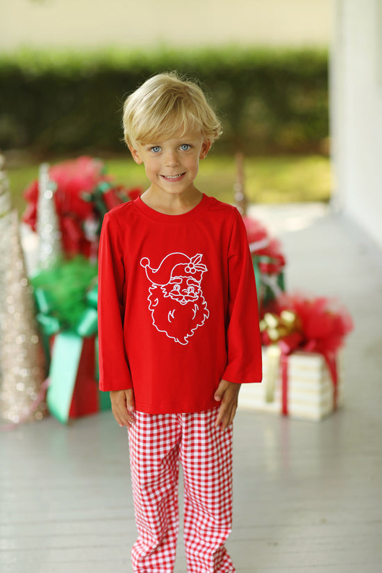 Santa Print Knit Red Gingham Pant Set