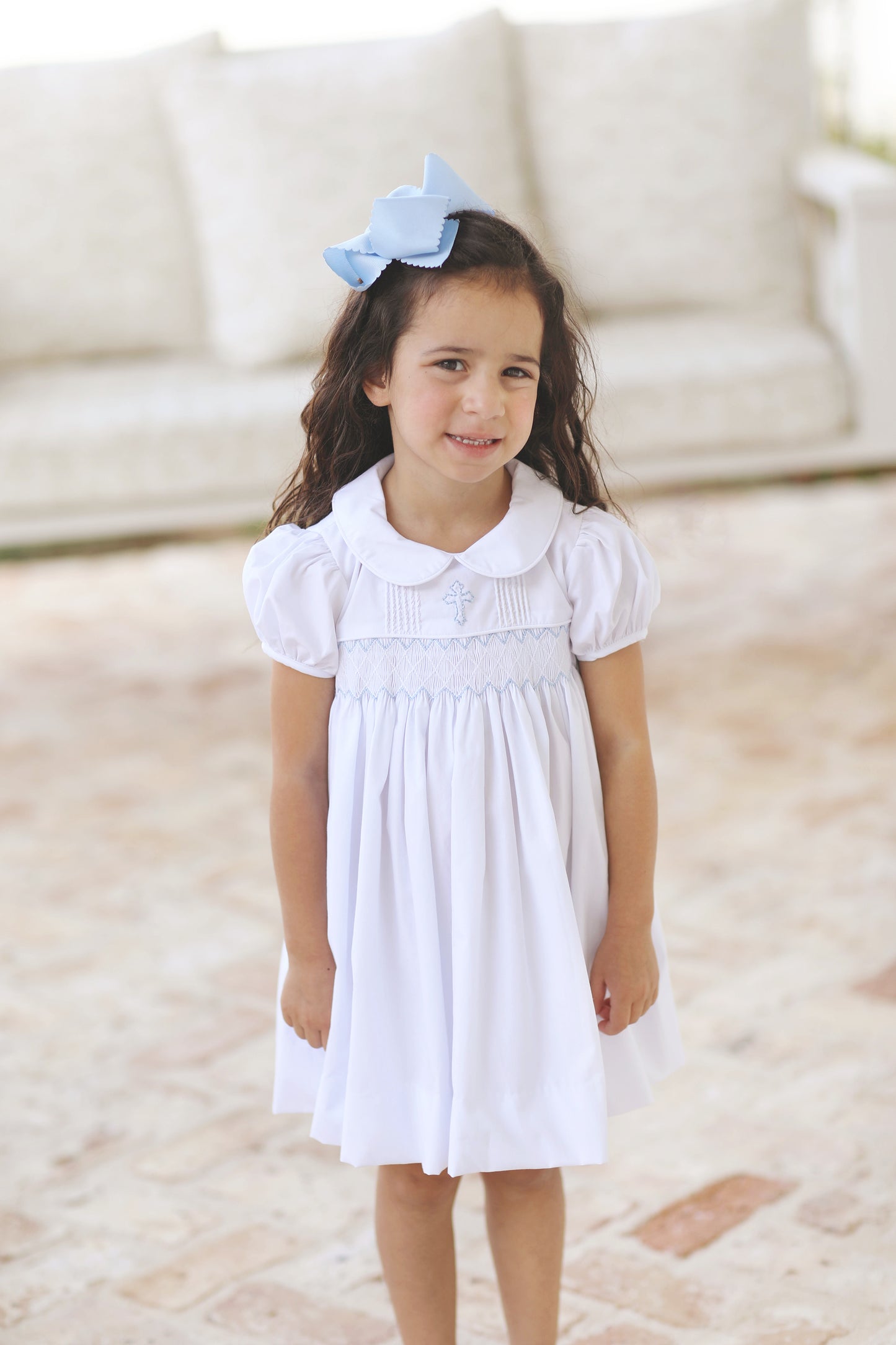 Cross Shadow Embroidered Smocked White Dress