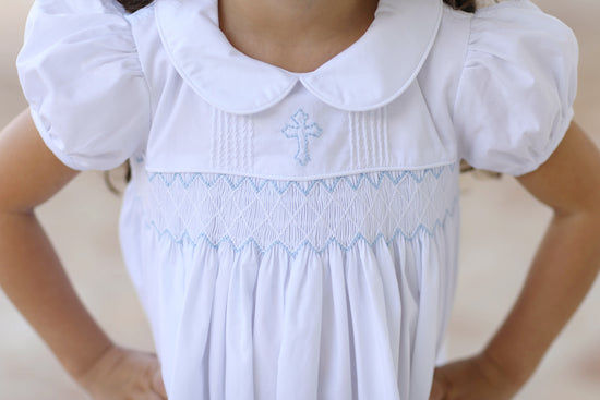 Load image into Gallery viewer, Cross Shadow Embroidered Smocked White Dress
