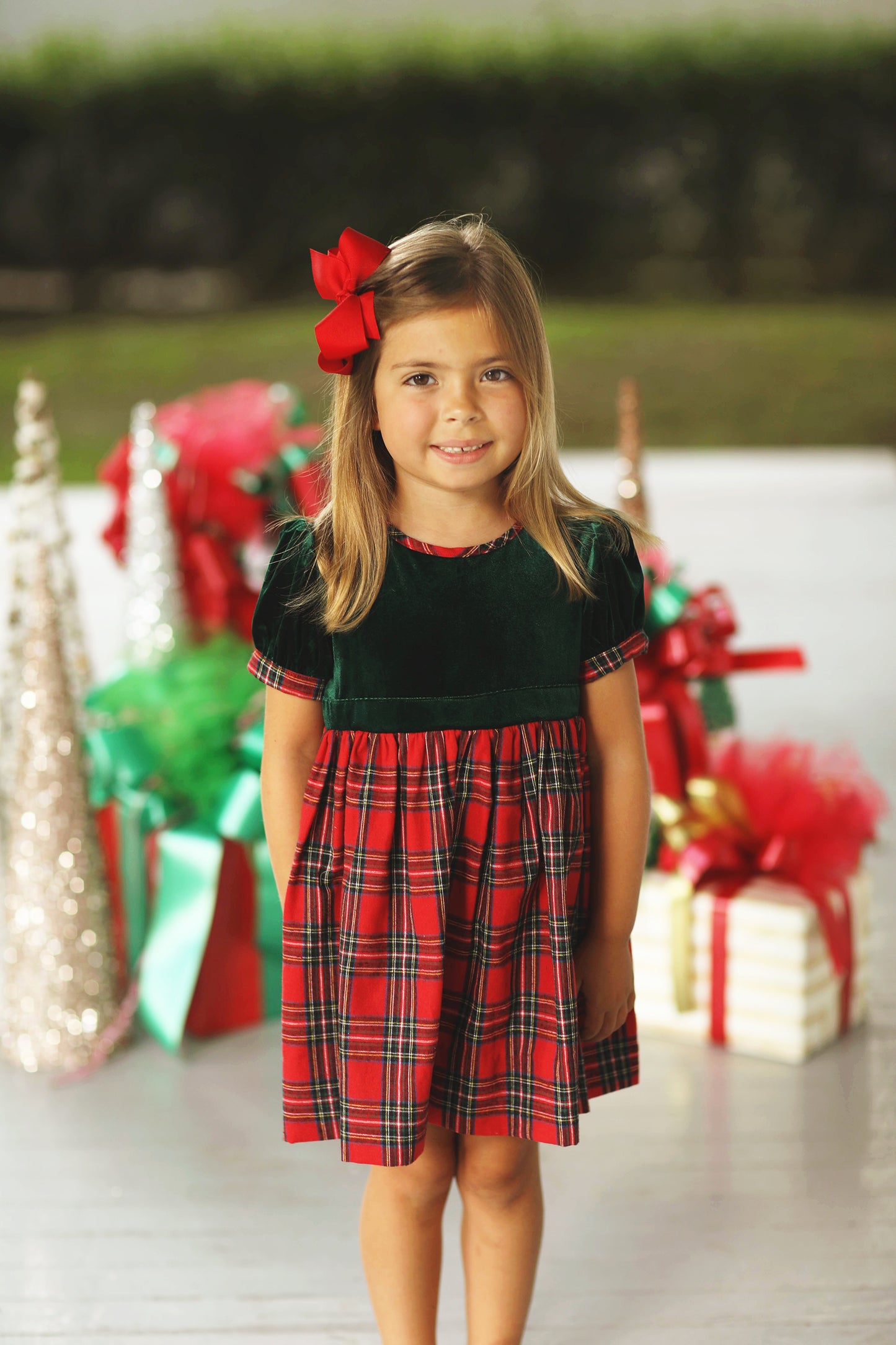 Red Tartan Emerald Green Velvet Dress