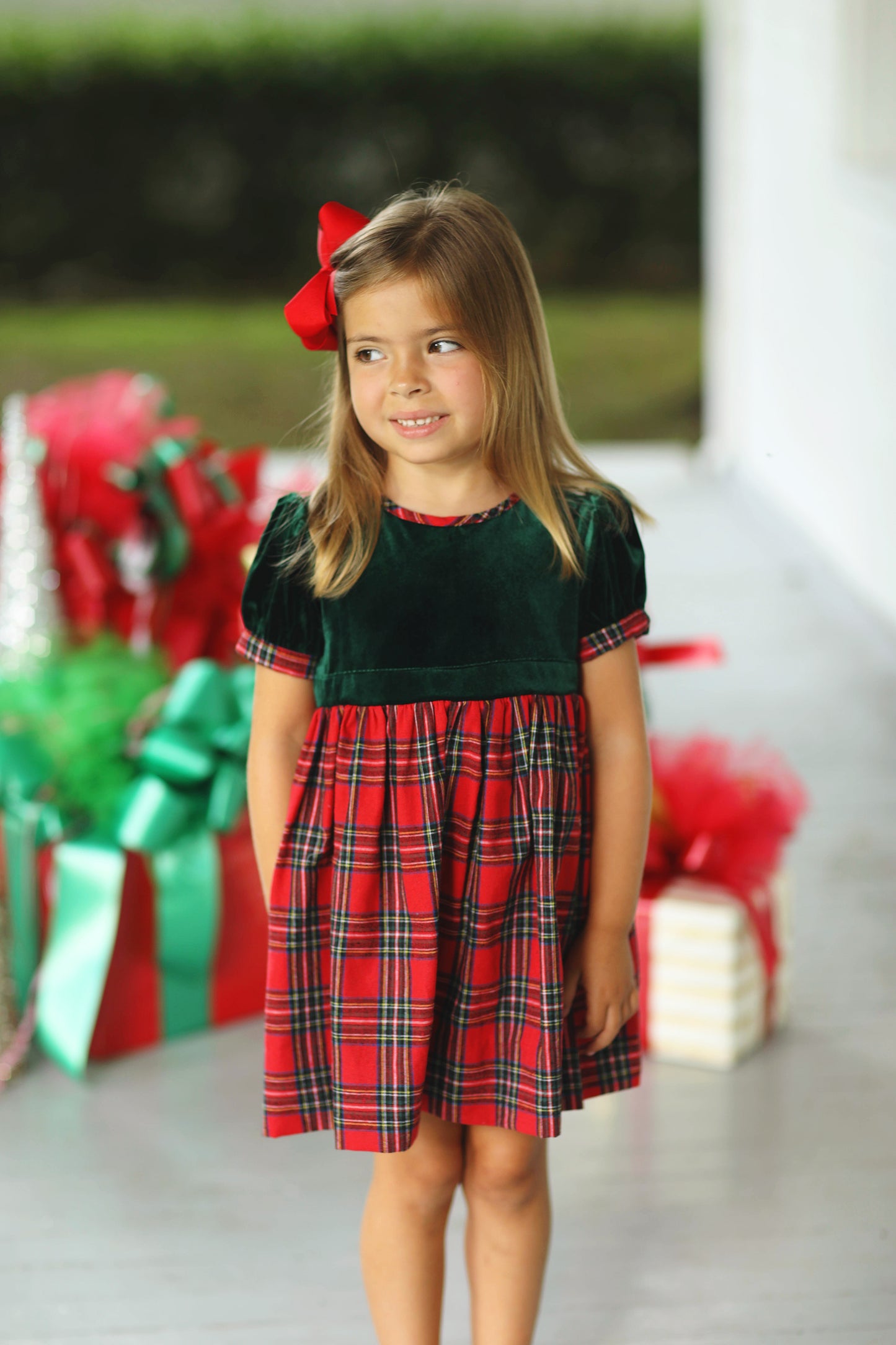 Red Tartan Emerald Green Velvet Dress