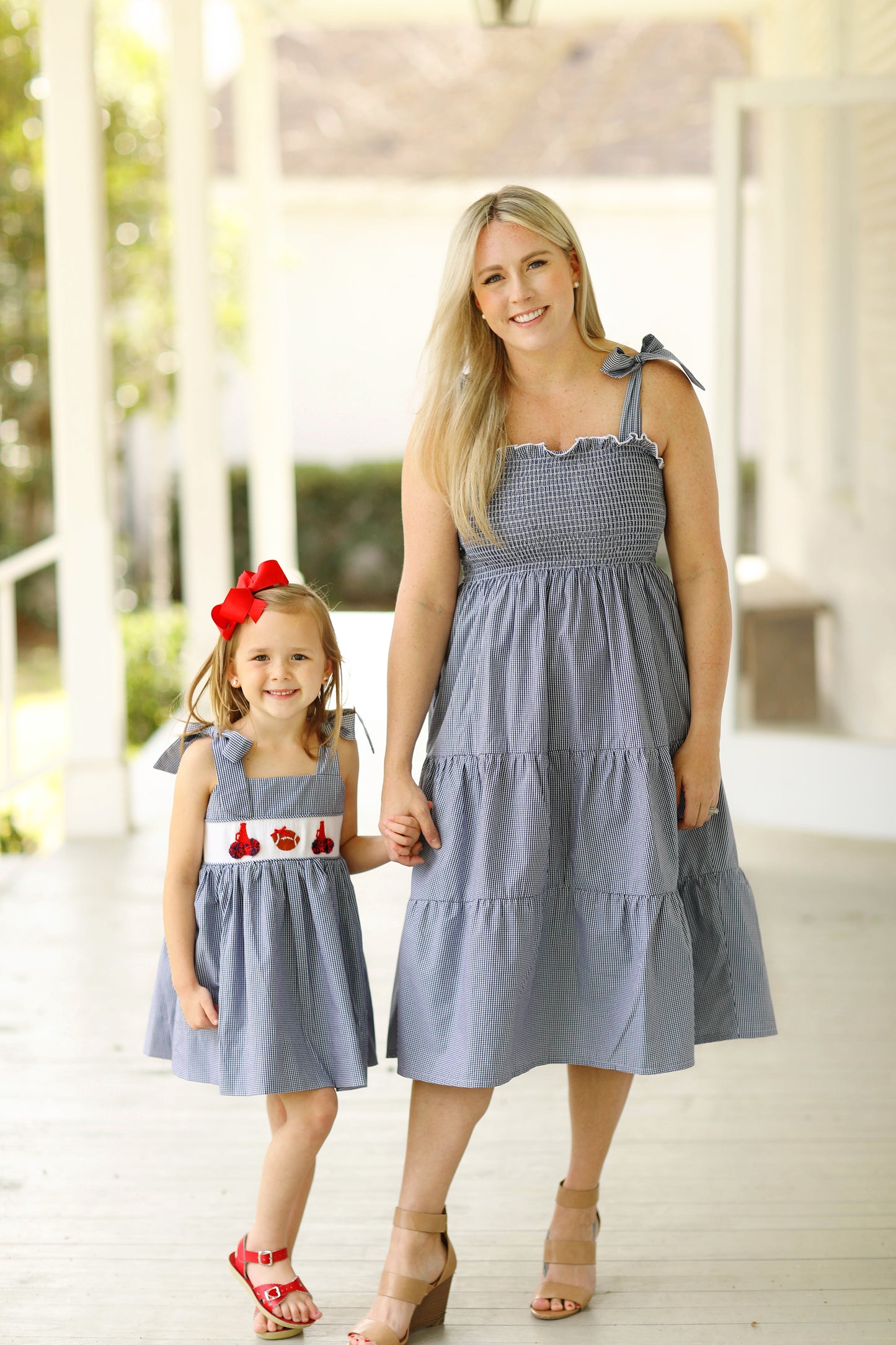 Game Day Smocked Red Navy Gingham Tie Shoulder Dress