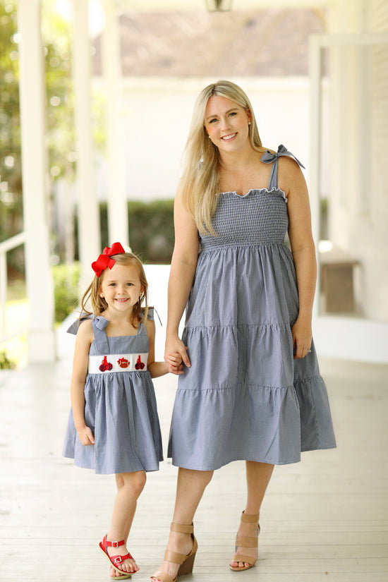 Game Day Smocked Red Navy Gingham Tie Shoulder Dress