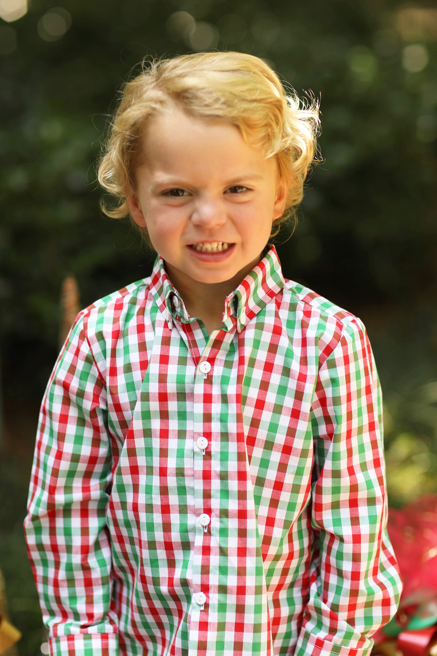 Red and Green Plaid Button Down Collared Shirt