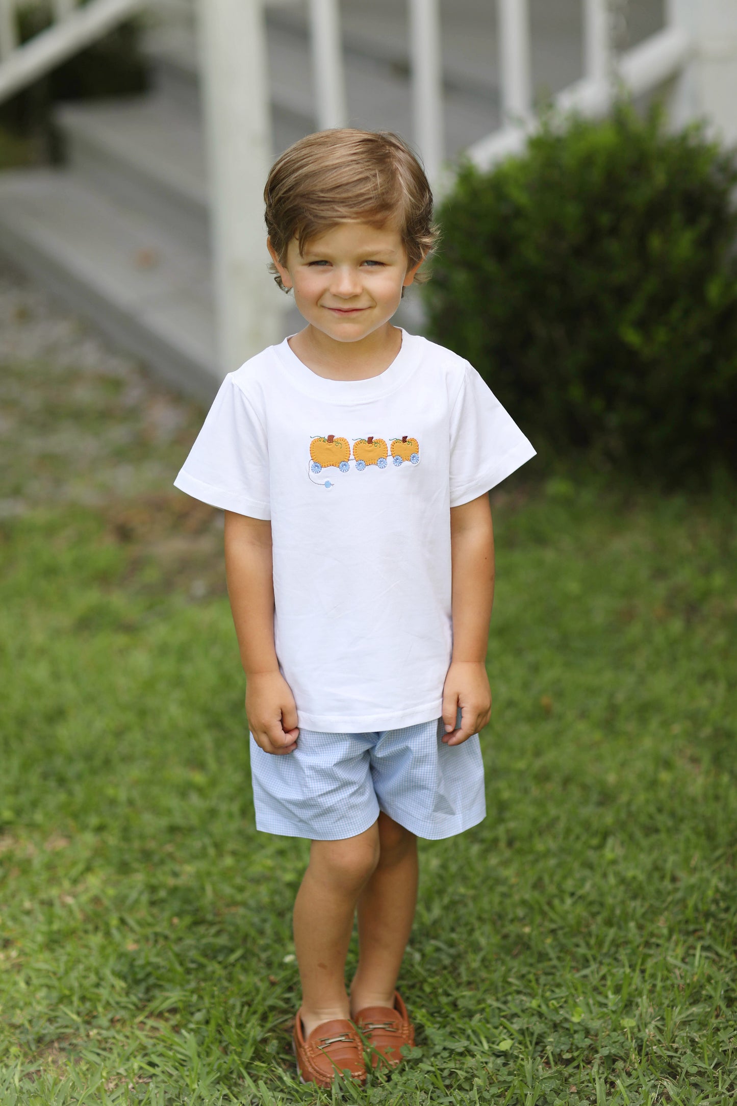 Pumpkin Wagon Applique Blue Gingham Boy Short Set