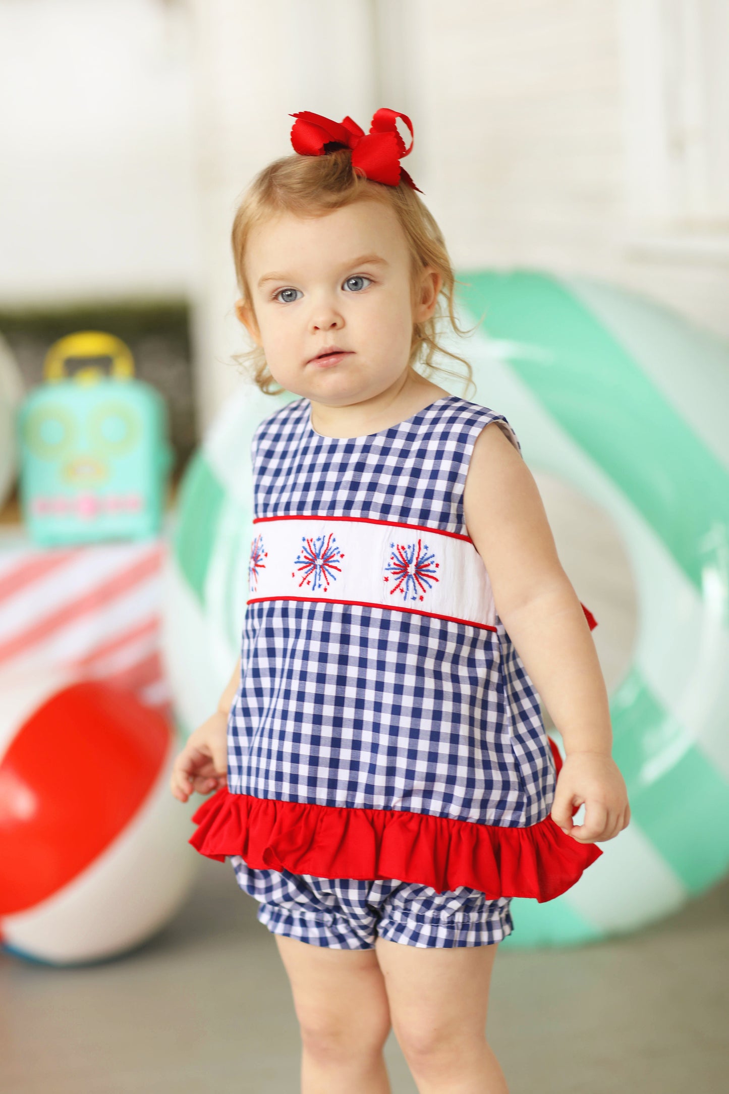Fireworks Smocked Navy Gingham Tie Back Bloomer Set