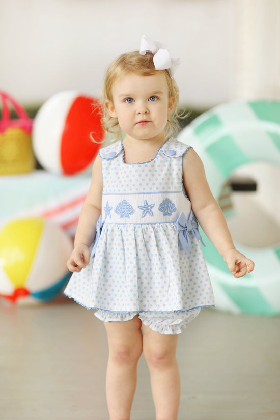 Load image into Gallery viewer, Seashell Smocked Blue Dot Bubble Short Set
