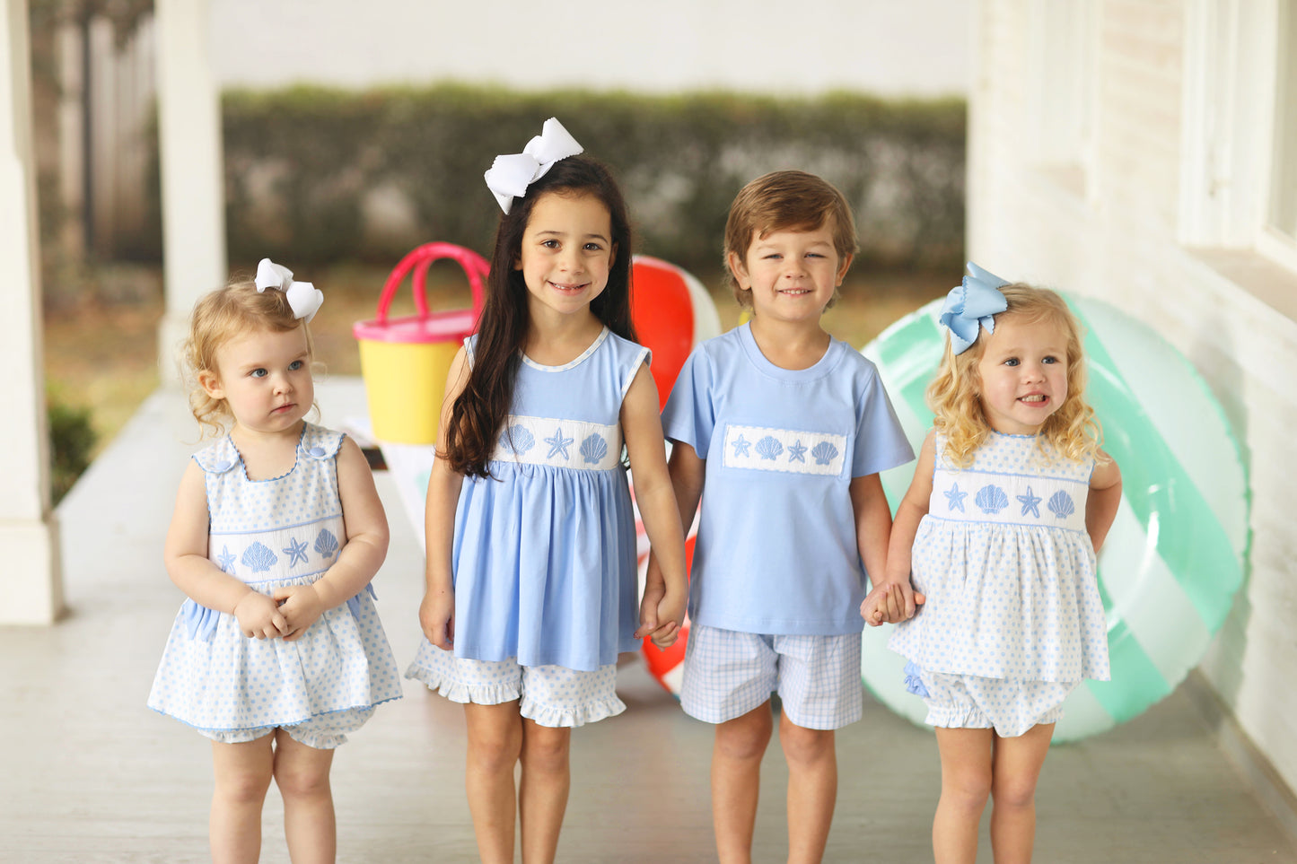 Seashell Smocked Blue Dot Bubble Short Set