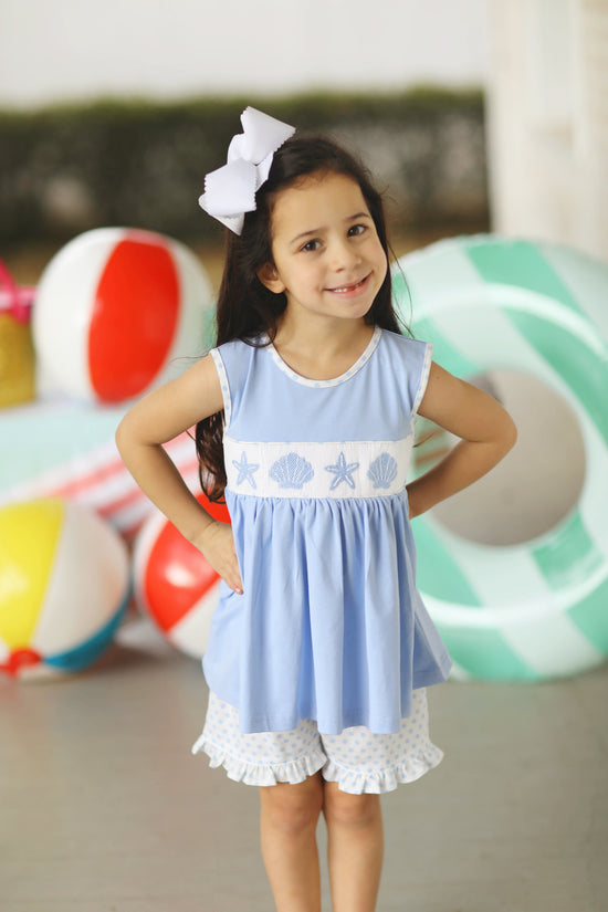 Seashell Smocked Blue Dot Ruffle Short Set