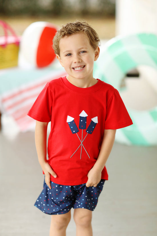 Firework Applique Red & White Dot Short Set