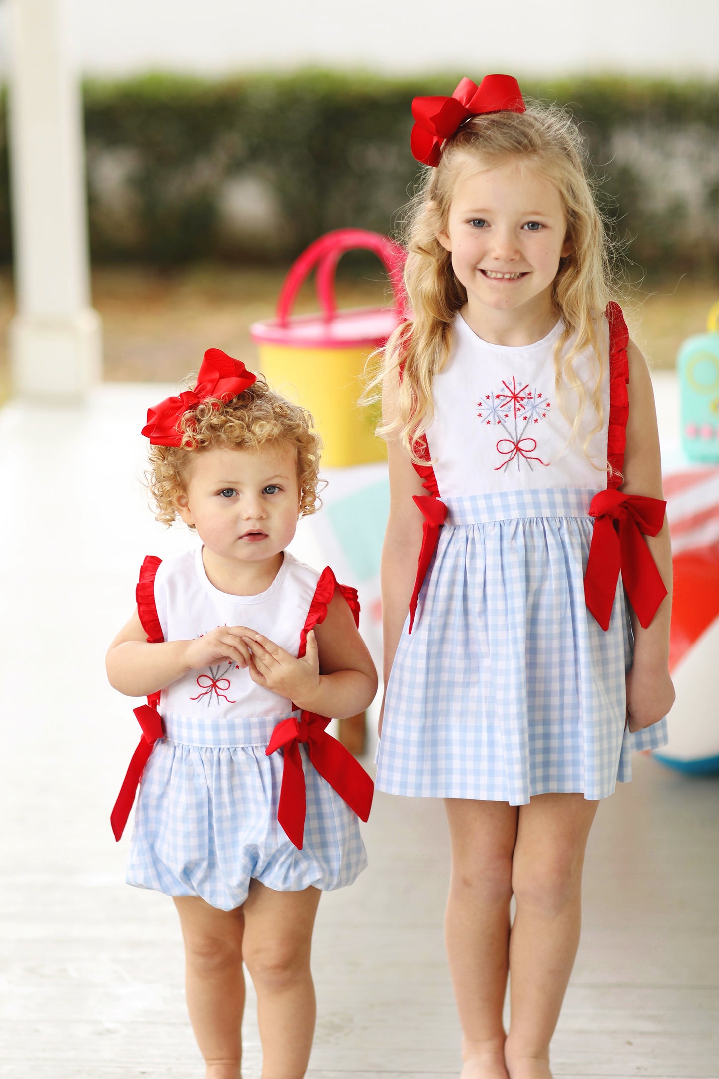 Sparkler Embroidered Blue Gingham Ruffle Bow Bubble