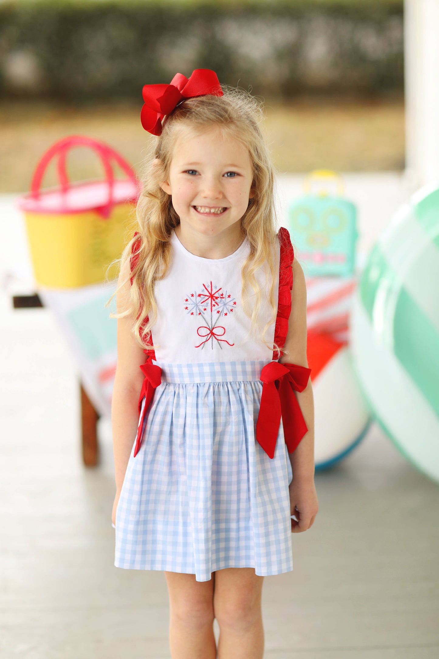 Sparkler Embroidered Blue Gingham Ruffle Bow Dress