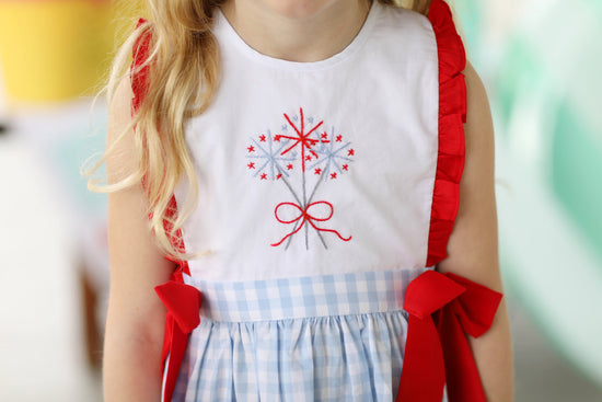 Sparkler Embroidered Blue Gingham Ruffle Bow Dress