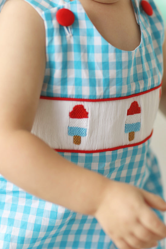 Bomb Pop Smocked Aqua Gingham Bubble