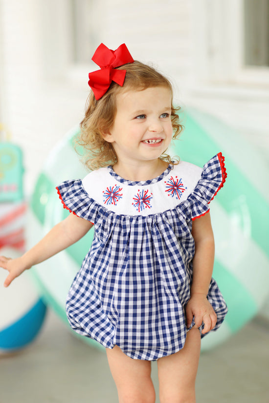 Load image into Gallery viewer, Fireworks Smocked Navy Gingham Angel Wing Bishop Bubble
