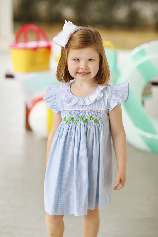 Turtle Smocked Blue Gingham Ruffle Dress