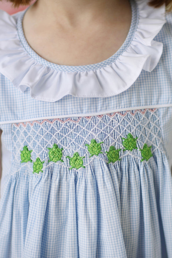 Load image into Gallery viewer, Turtle Smocked Blue Gingham Ruffle Dress
