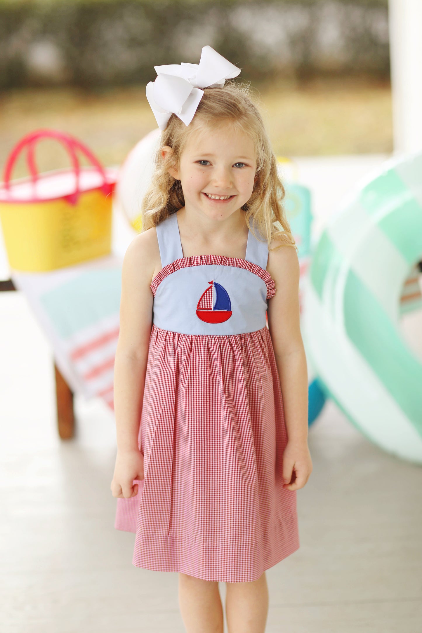 Load image into Gallery viewer, Sailboat Applique Red Gingham Dress
